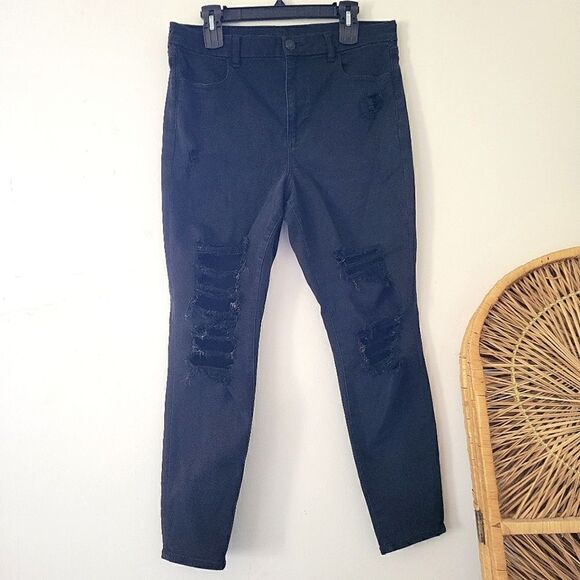 American Eagle Curvy Hi-Rise Jegging Black 14 Regular Distressed - Picture 1 of 7